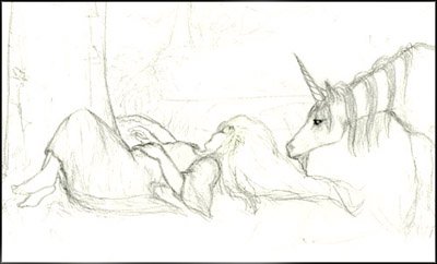 The unicorn found Treena asleep near the stream.